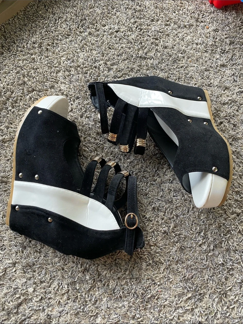 Fashion Nova Black and White Strappy Wedge Sandals
